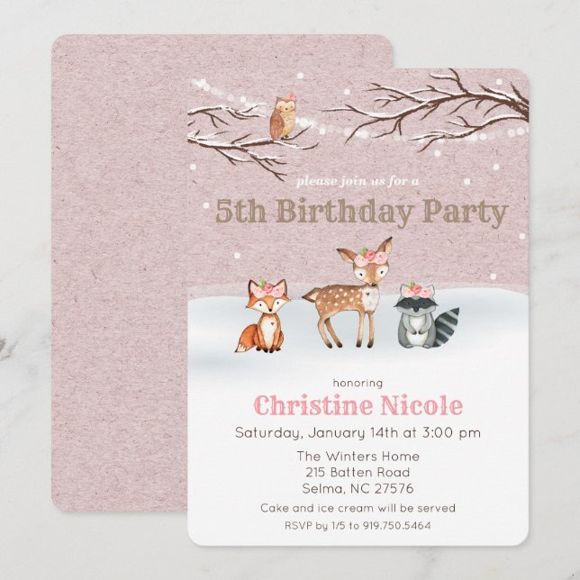 ANY AGE Girl Woodland Animals Birthday Invitation (Front/Back)