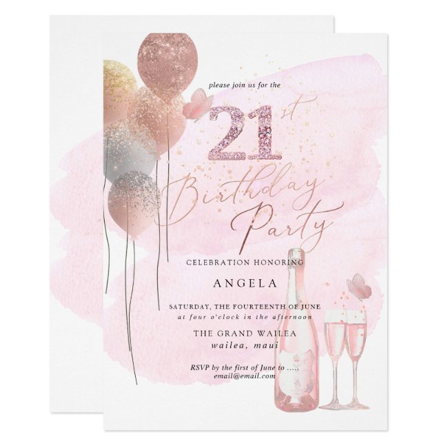 Any Age, Glitter Balloons Pink Champagne 21st Invitation