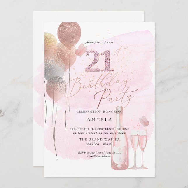 Any Age, Glitter Balloons Pink Champagne 21st Invitation (Front/Back)