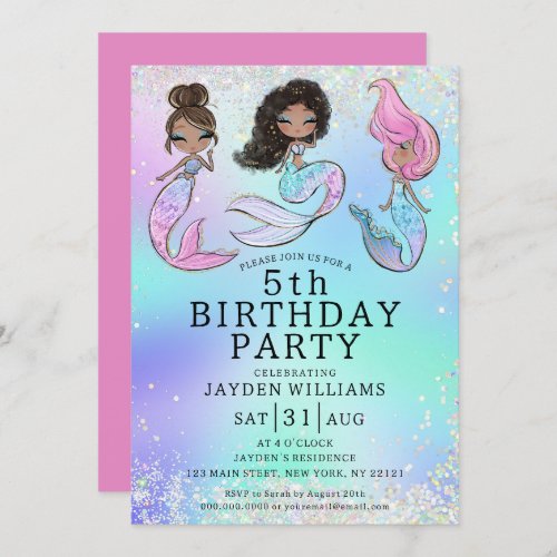 Any Age Glitter Mermaid Black Hair Girl Birthday Invitation