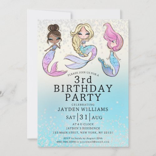 Any Age Glitter Mermaid Girl Birthday Invitation