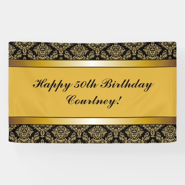 Any Age Gold Damask Birthday Banner (Horizontal)