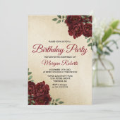 Any Age Gold Foil Burgundy Rose Birthday Party Invitation (Standing Front)