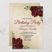 Any Age Gold Foil Burgundy Rose Birthday Party Invitation (Front/Back)