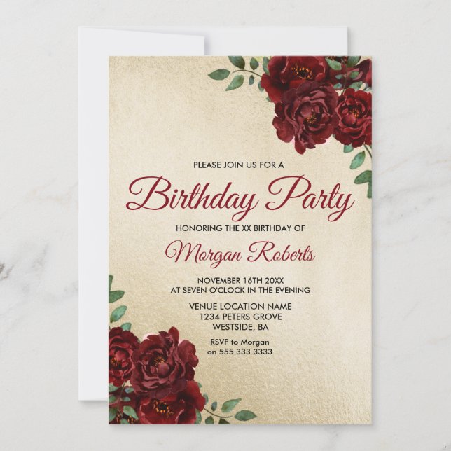 Any Age Gold Foil Burgundy Rose Birthday Party Invitation (Front)