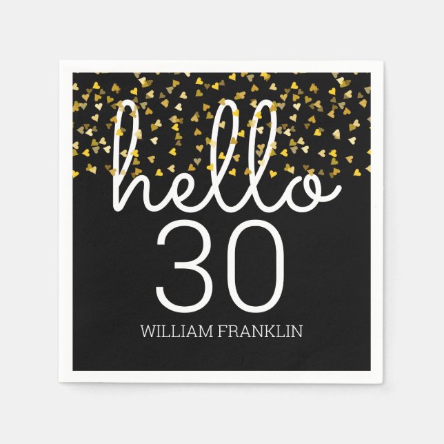 Any Age Gold Hearts Hello Birthday Napkins (Front)