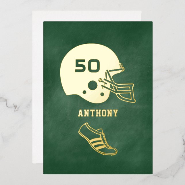 Any Age Green and Gold Football Birthday Party Foil Invitation (Front/Back)