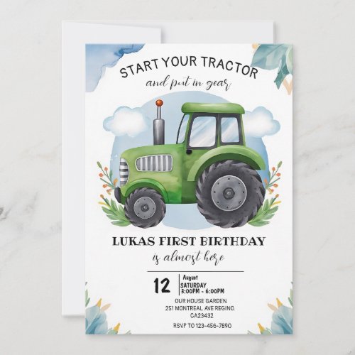 Any Age Green Tractor boy Birthday Invitation