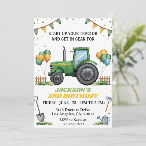 Any Age Green Tractor boy Birthday Invitation