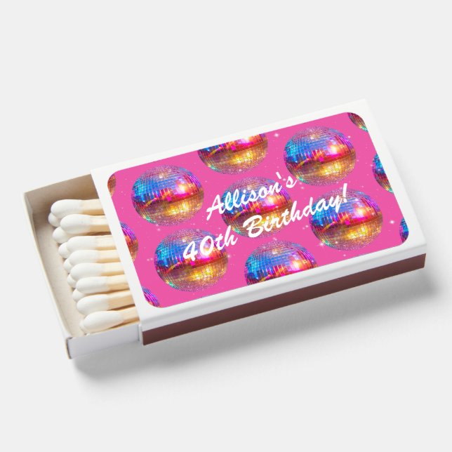 Any Age Groovy Hot Pink 40th Birthday Disco Ball Matchboxes (Front Open)