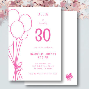 Any Age Hand Drawn Birthday Balloon Hot Pink Invitation