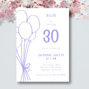 Any Age Hand Drawn Birthday Balloon Lavender Invitation