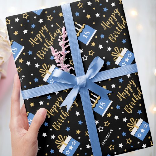 Any Age Happy Birthday Cake Blue Black Wrapping Paper