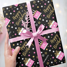 Any Age Happy Birthday Cake Pink Black Wrapping Paper