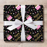 Any Age Happy Birthday Cake Pink Black Wrapping Paper<br><div class="desc">Wrap up a birthday surprise with personalized gift wrap! A fun design featuring a seamless pattern of birthday cakes, stars and "Happy Birthday" in a trendy script. Personalize the template with the recipient's name and birthday age. Perfect for family and friends! Printed colors: pink, black and gold. Available with a...</div>