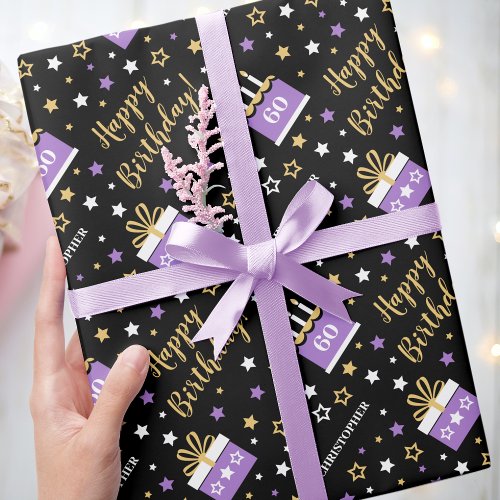 Any Age Happy Birthday Cake Purple Black Wrapping Paper
