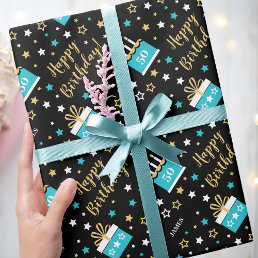 Any Age Happy Birthday Cake Teal Black Wrapping Paper