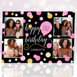 Any Age Happy Birthday Custom Photo Pink 21st Card<br><div class="desc">Create a stylish photo collage greetings card! Personalize the template with four favorite photos,  the recipient's name,  and birthday age. A fun design featuring round confetti,  balloons,  and "Happy Birthday" in a trendy script. Perfect for family,  kids,  friends,  and pets! Printed colors: pink,  black,  white and gold.</div>