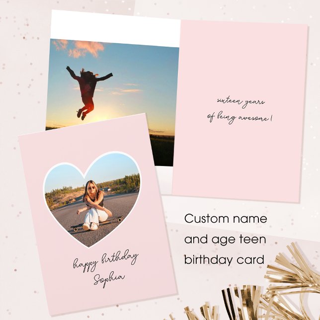 Any Age Happy Birthday Photo Heart Teen Pink 16th Card (Creator Uploaded)