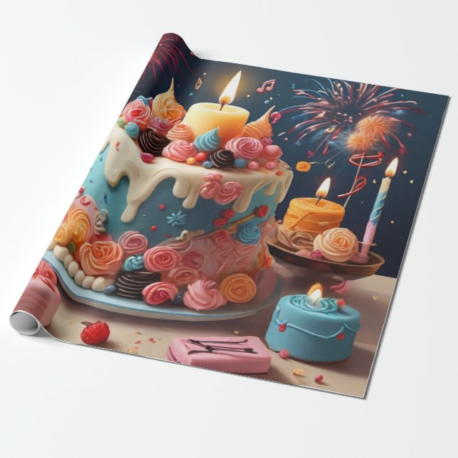 Any Age Happy Birthday Pink Cake Candle  Wrapping Paper (Unrolled)