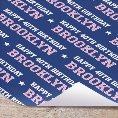 Any Age Happy Birthday Retro Custom Navy Pink Wrapping Paper