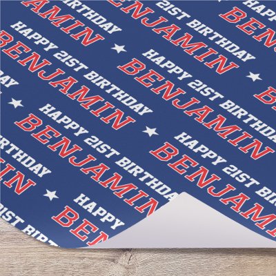 Any Age Happy Birthday Retro Custom Navy Red Wrapping Paper