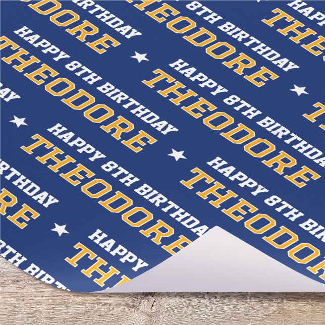 Any Age Happy Birthday Retro Custom Navy Yellow Wrapping Paper (Creator Uploaded)