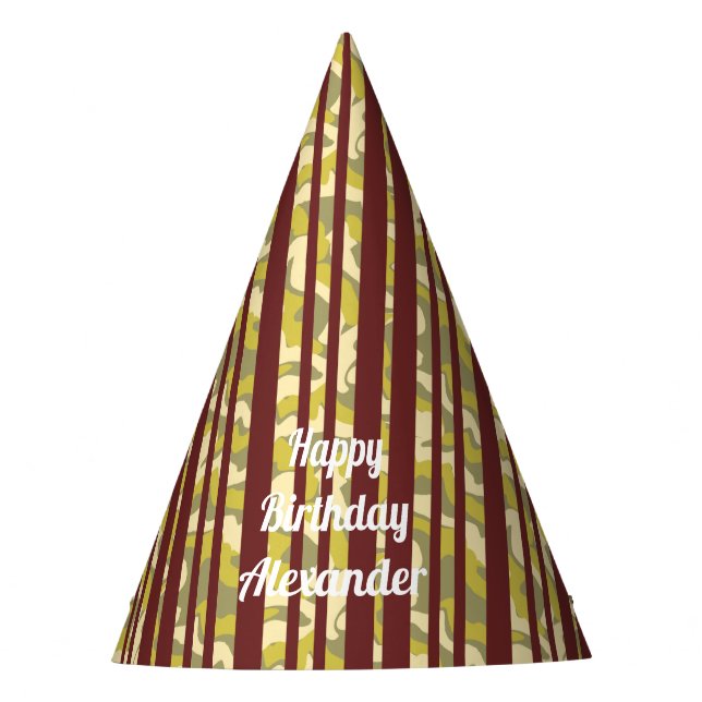 Any Age Happy Birthday Rustic Stripe Pattern Party Hat (Front)