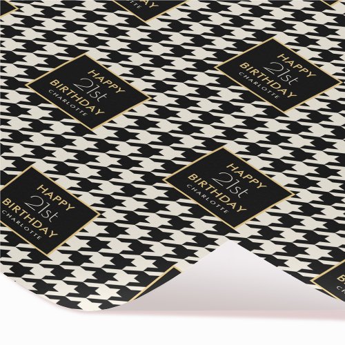 Any Age Houndstooth Happy Birthday Black Off white Wrapping Paper