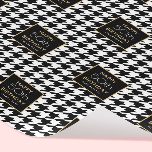 Any Age Houndstooth Happy Birthday Black White Wrapping Paper