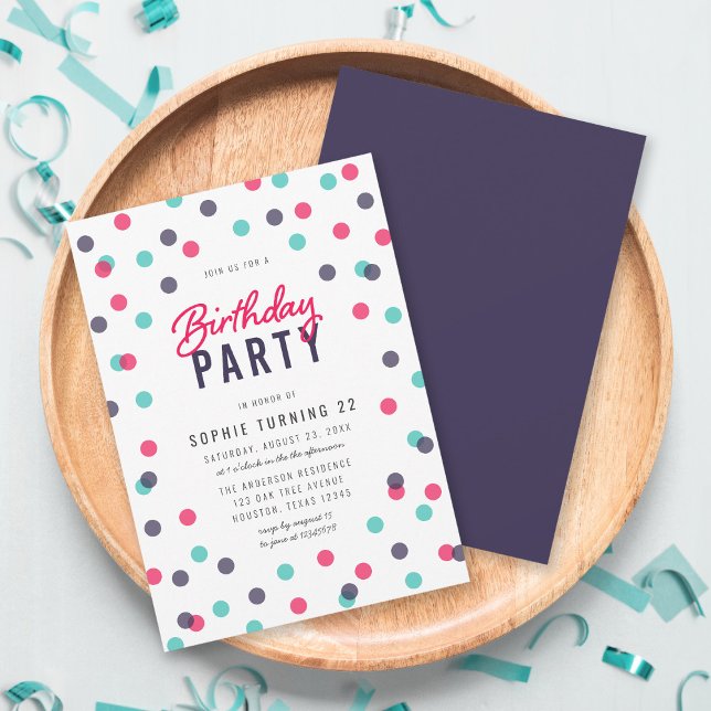 Any Age Indigo Pink Teal Confetti Birthday Party Invitation (Creator Uploaded)