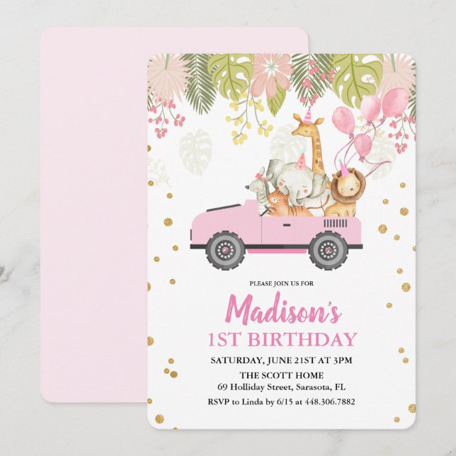 ANY AGE - Jungle Safari Girl Birthday Invitation (Front/Back)