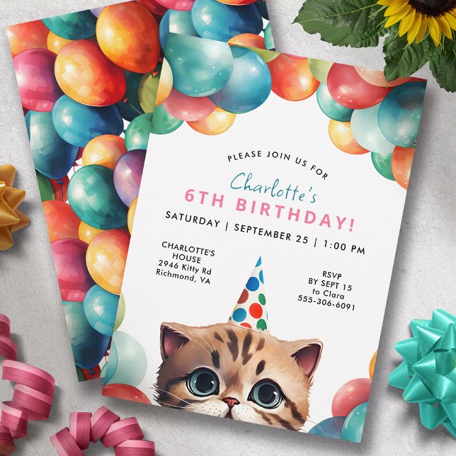 Any Age | Kitty Cat Rainbow Balloons Kids Birthday Invitation (Creator Uploaded)