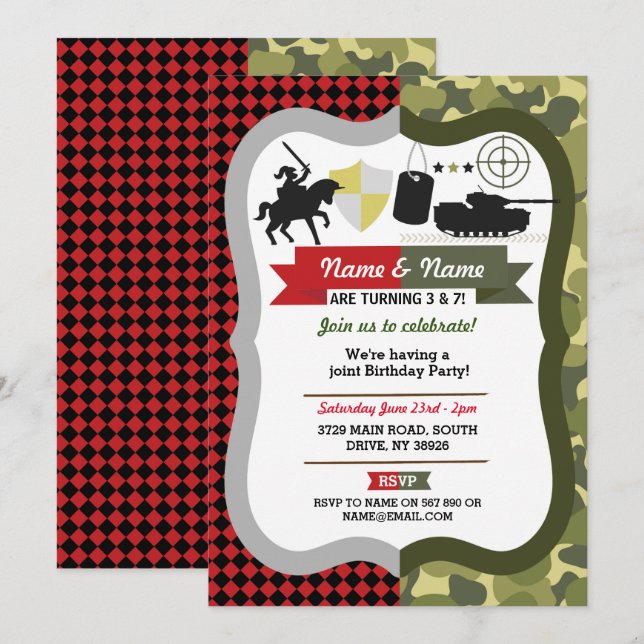 Any Age Knight and Army Joint Boy Birthday Party Invitation (Front/Back)