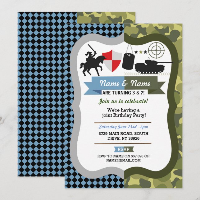Any Age Knight and Army Joint Boys Birthday Party Invitation (Front/Back)