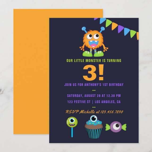 Any Age Little Monster Boy Birthday Party Invitation (Front/Back)