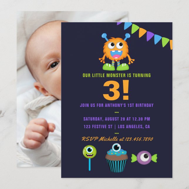 Any Age Little Monster Boy Birthday Party Invitation (Front/Back)