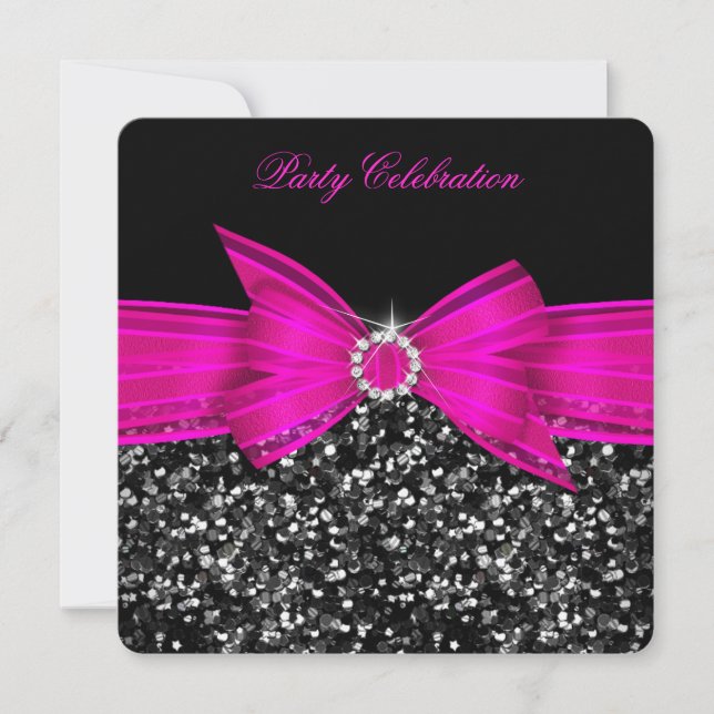 Any Age Luxury Glitter Hot Pink Bow Black Party Invitation (Front)