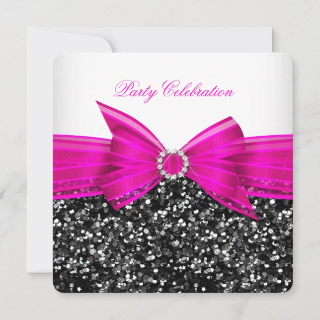 Any Age Luxury Glitter Hot Pink Bow Black White Invitation (Front)