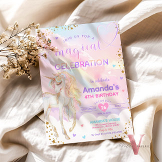 Any Age Magical Rainbow Unicorn Gold Birthday Invitation