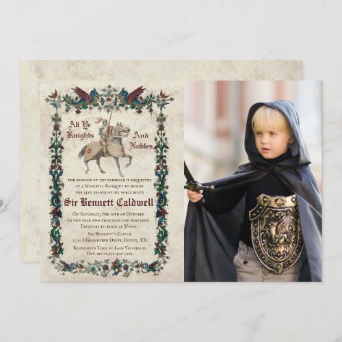 ANY AGE - Medieval Renaissance Birthday Photo Invitation - Medieval Renaissance Middle Ages Dark Ages Tournament Jousting Knight Dragons Vintage Birthday Photo Invitation