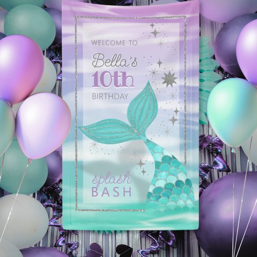 ANY AGE Mermaid Birthday Party Purple Teal Glitter Banner