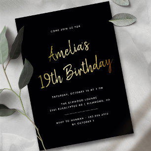 Any Age   Modern Black and Gold Birthday Foil Invitation