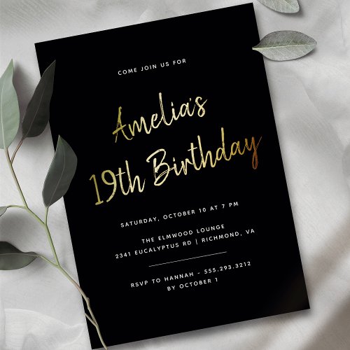 Any Age  Modern Black and Gold Birthday Foil Invitation
