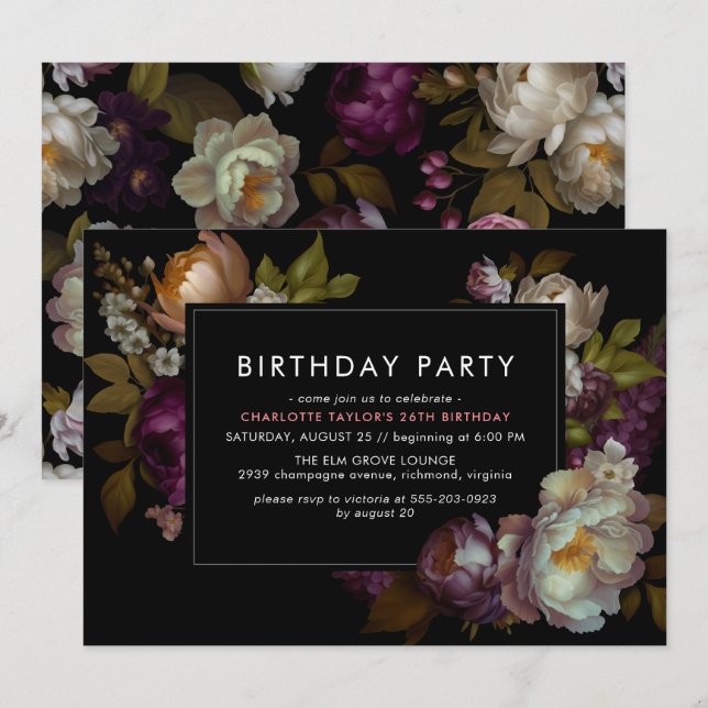Any Age | Modern Black Moody Dark Floral Birthday Invitation (Front/Back)