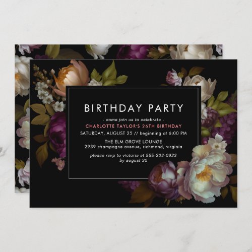 Any Age  Modern Black Moody Dark Floral Birthday Invitation