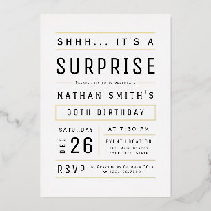 Any Age Modern Simple Typography Surprise Birthday Foil Invitation