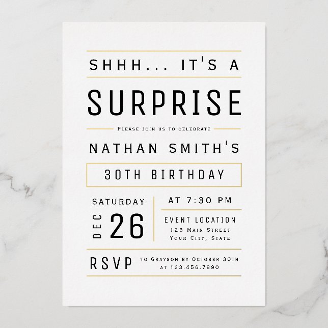 Any Age Modern Simple Typography Surprise Birthday Foil Invitation (Front)