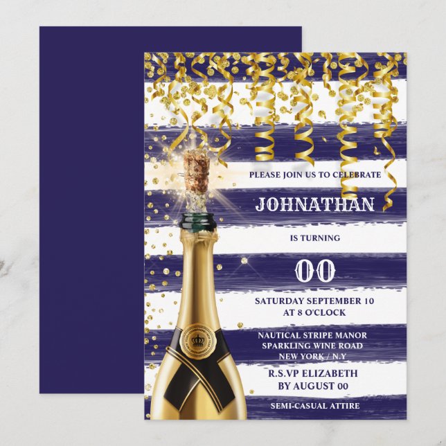 ANY AGE nautical navy white gold striped bubbly  Invitation (Front/Back)