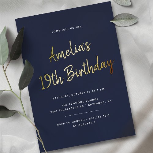 Any Age  Navy Blue and Gold  Script Birthday Foil Invitation
